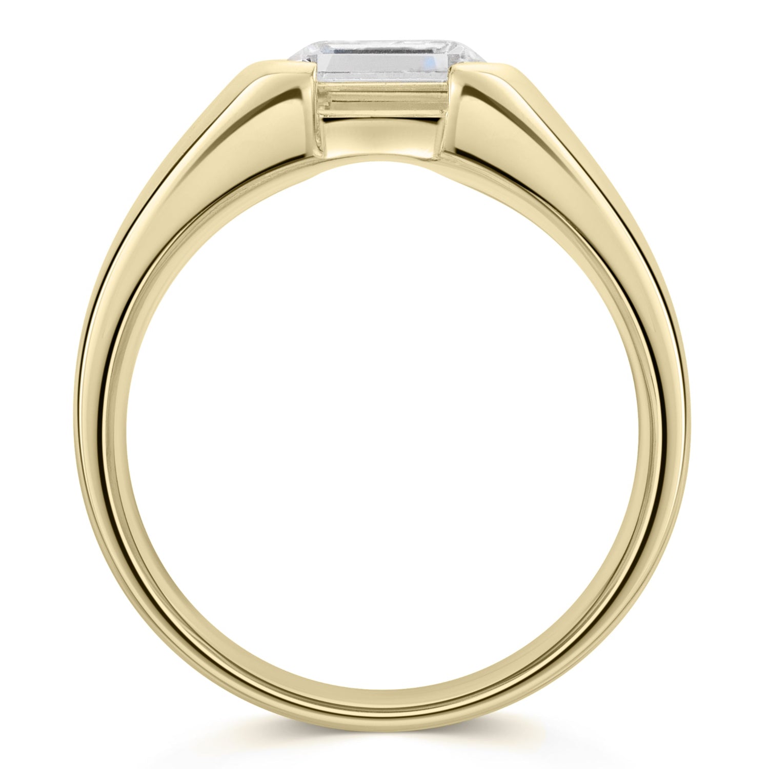 Chunky Gold Emerald Cut Diamond East West Engagement Ring - side view on a white background