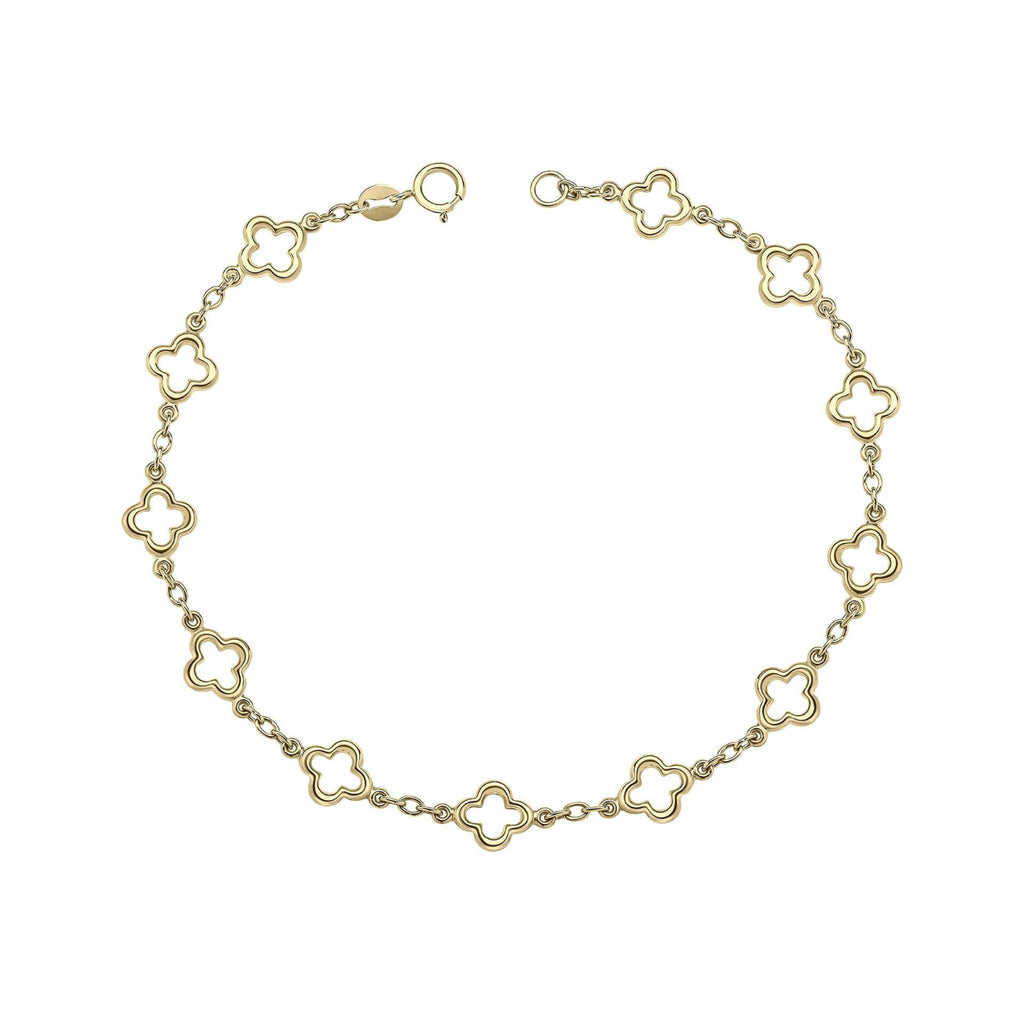 Gold bracelet with clover-shaped links on a white background