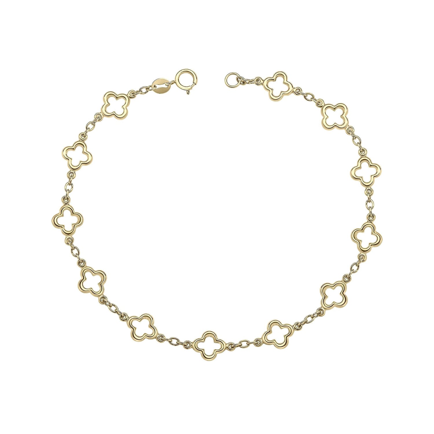 Gold bracelet with clover-shaped links on a white background