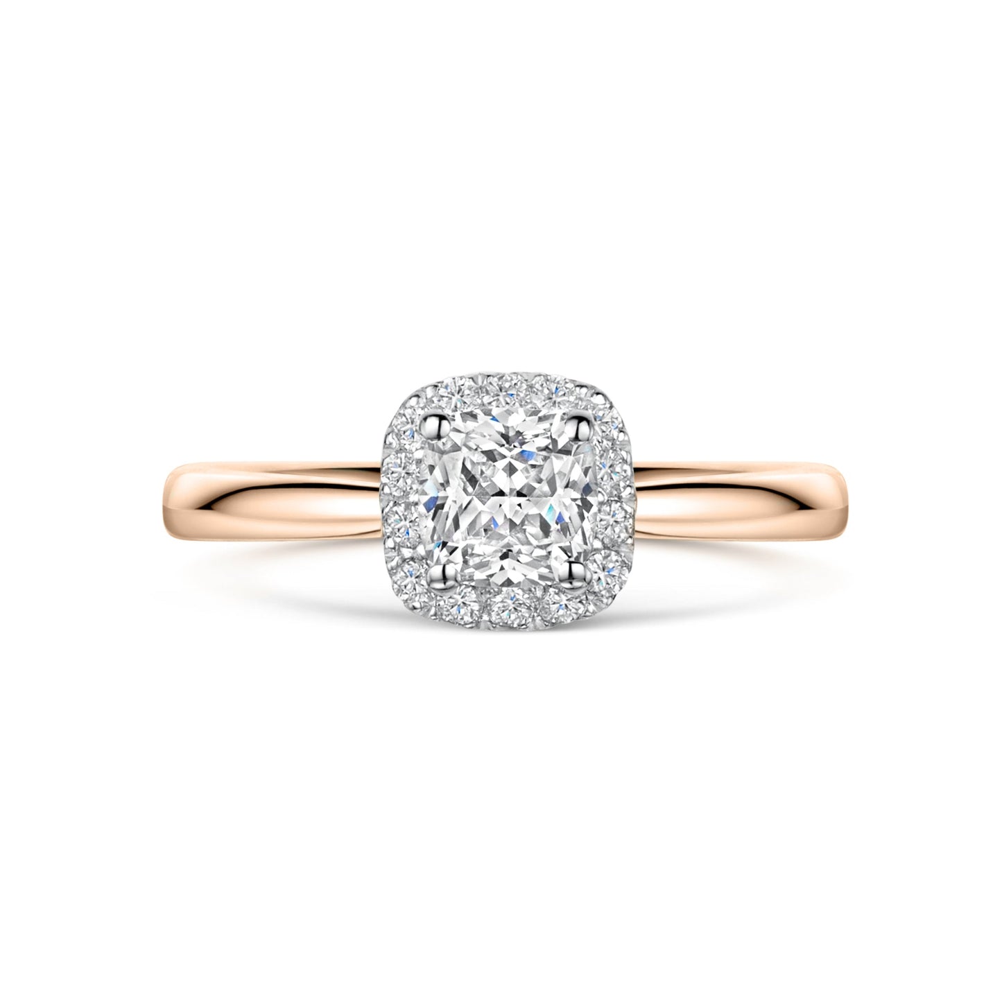 Cushion Cut Diamond Halo Engagement Ring in Rose Gold on white background