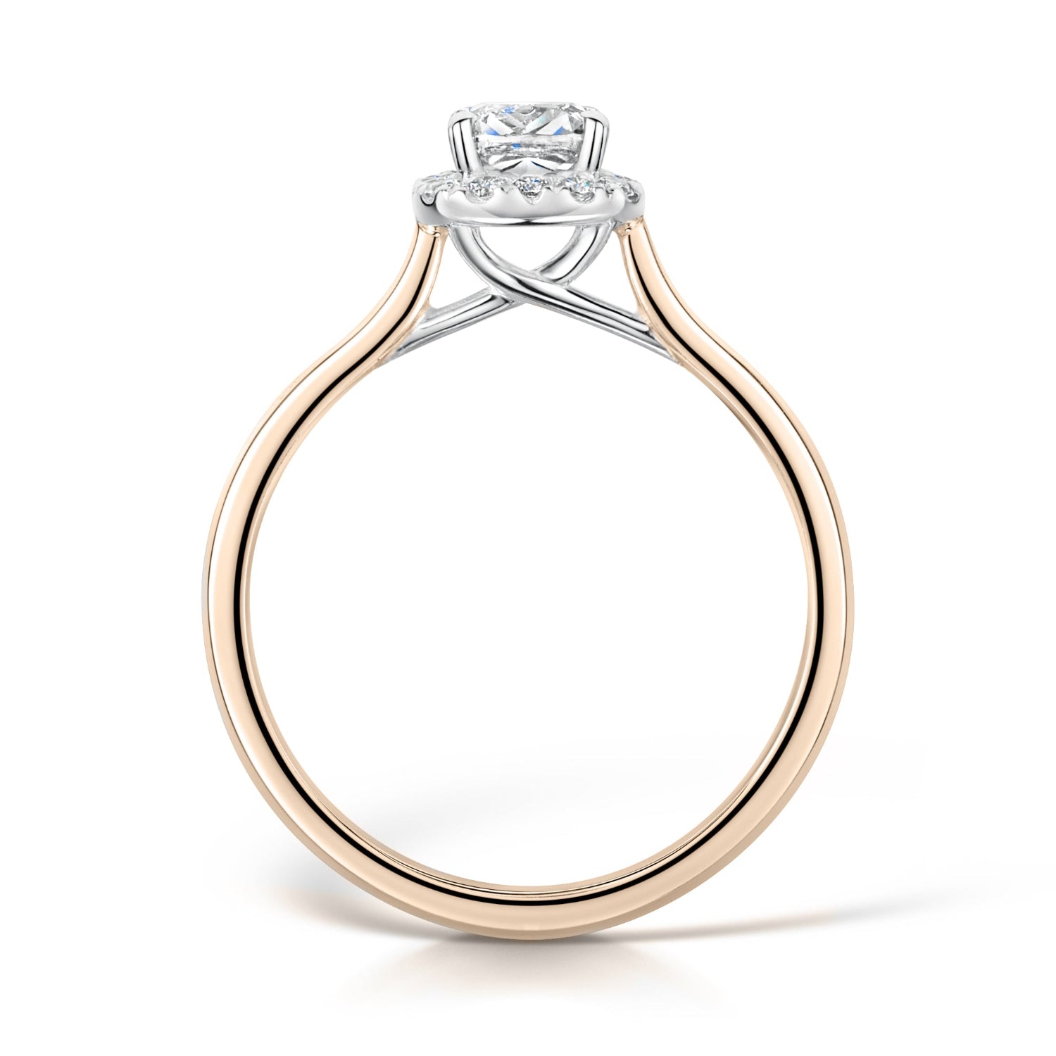Cushion Cut Diamond Halo Engagement Ring in Rose Gold - Side View on white background