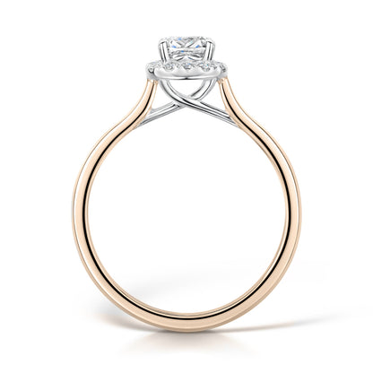 Cushion Cut Diamond Halo Engagement Ring in Rose Gold - Side View on white background
