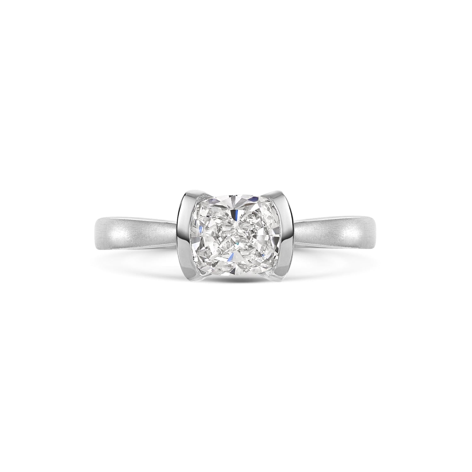 Cushion Cut Diamond Solitaire in platinum  on a white background