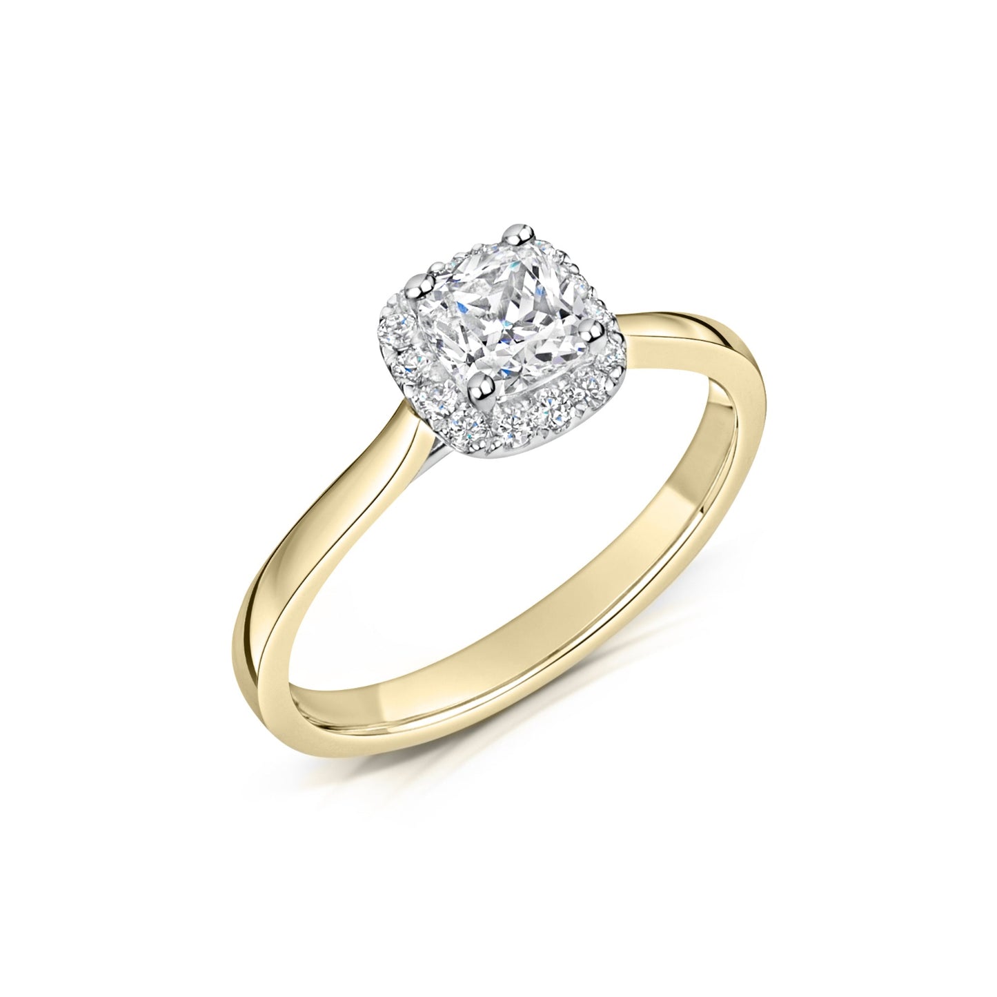Cushion Cut Halo Engagement Ring in Yellow Gold - Angled on white background