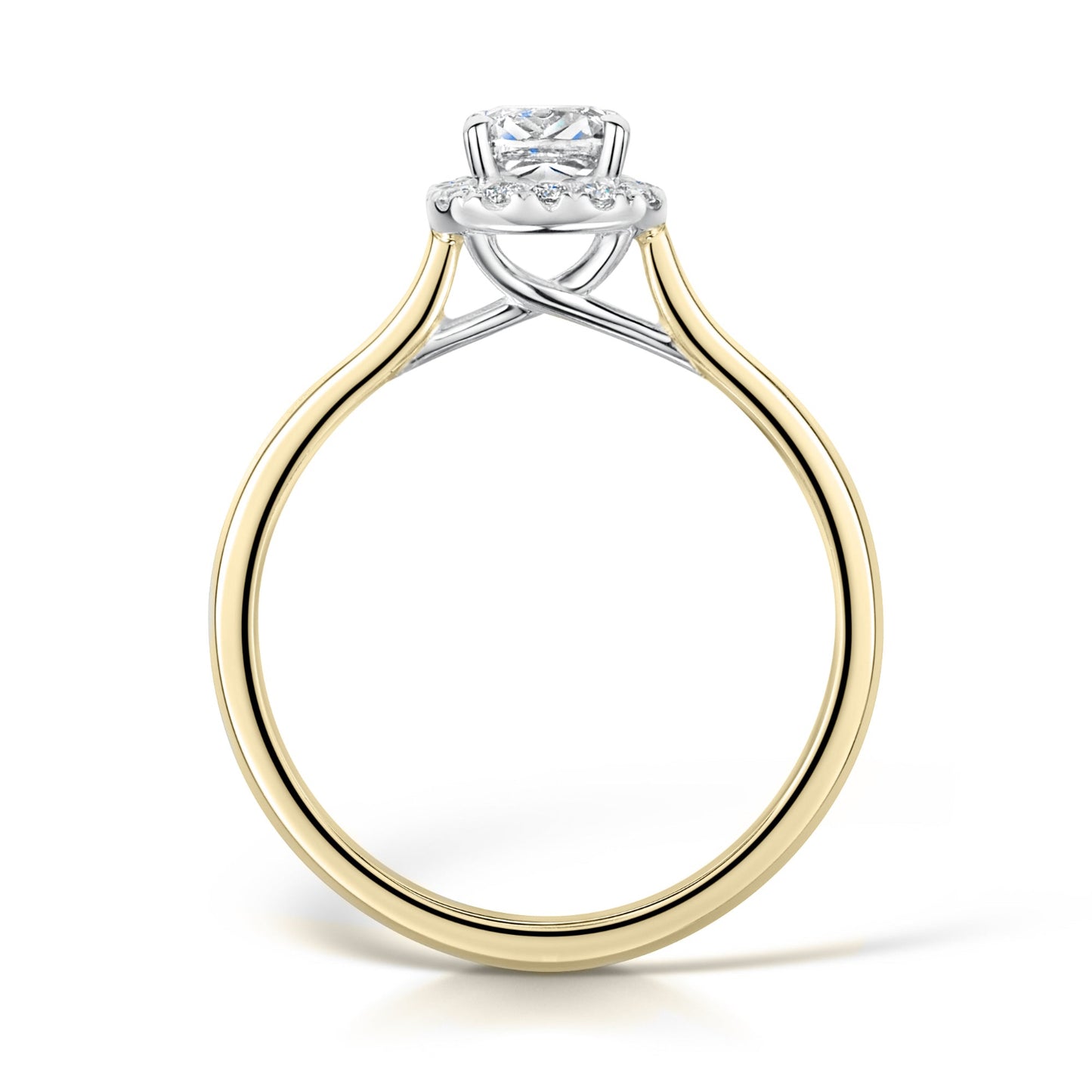 Cushion Cut Halo Engagement Ring in Yellow Gold - Side view on white background