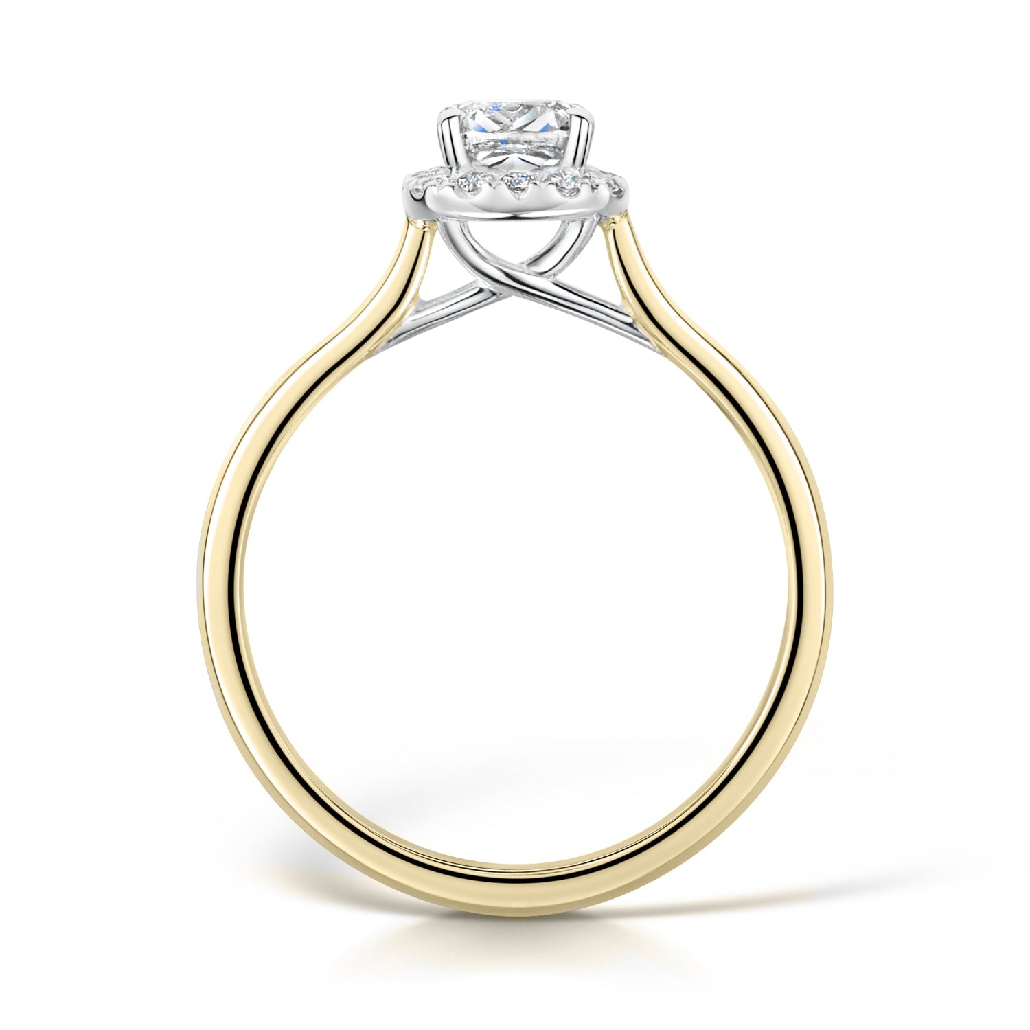 Cushion Cut Halo Engagement Ring in Yellow Gold - Side view on white background