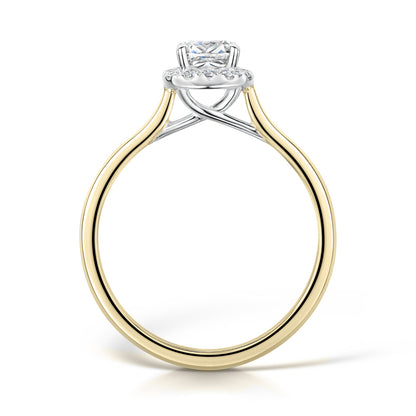 Cushion Cut Halo Engagement Ring in Yellow Gold - Side view on white background