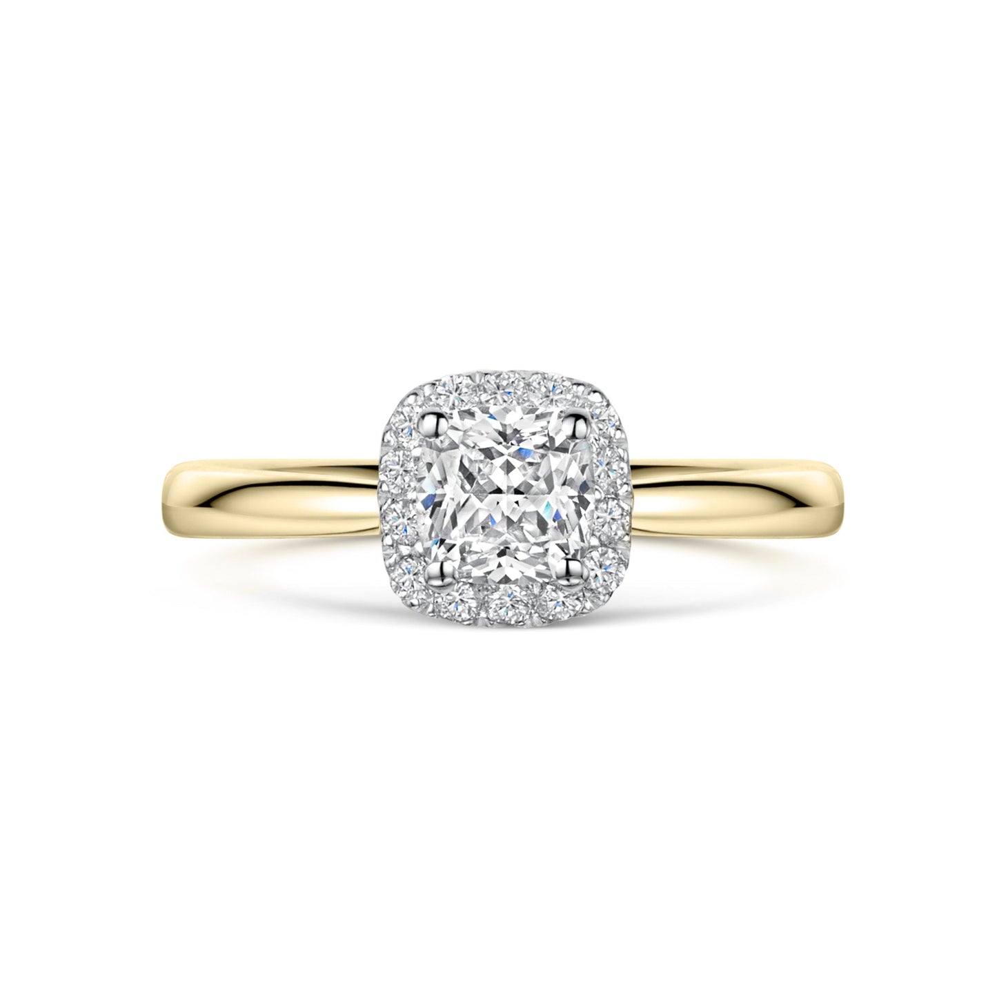 Cushion Cut Halo Engagement Ring in Yellow Gold - Top View on white background