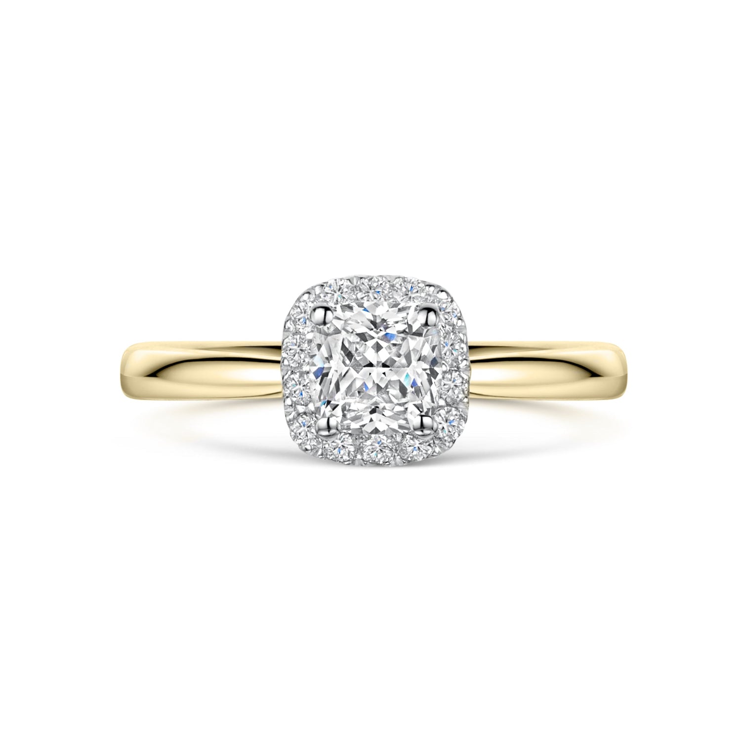 Cushion Cut Halo Engagement Ring in Yellow Gold - Top View on white background