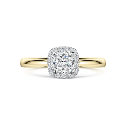 Cushion Cut Halo Engagement Ring in Yellow Gold - Top View on white background