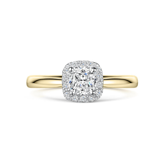 Cushion Cut Halo Engagement Ring in Yellow Gold - Top View on white background