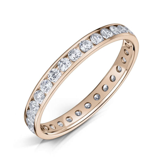  2.5mm 18ct Rose Gold Channel Set Diamond Eternity Ring with Round Diamonds all around on a white background.