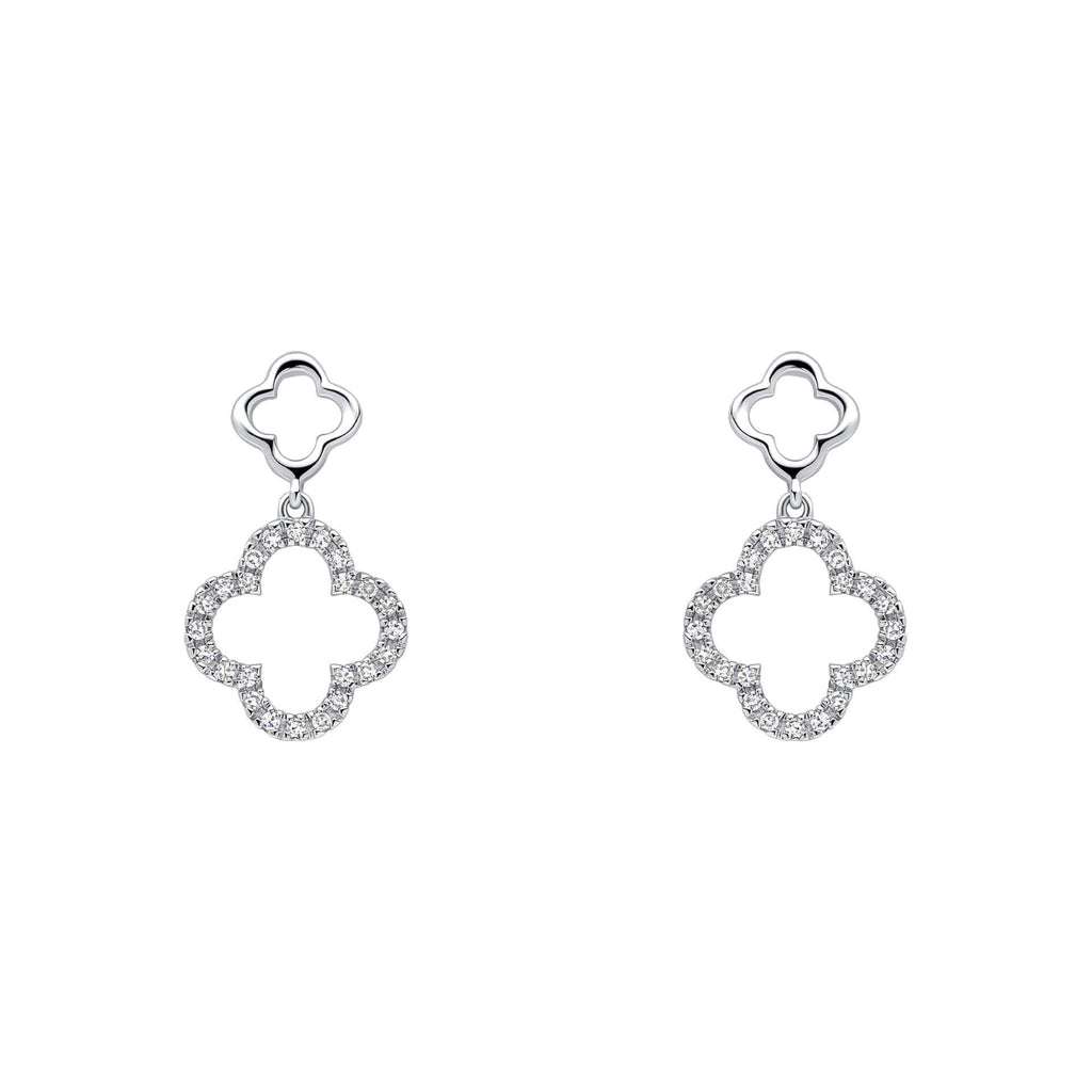 Diamond Clover Drop Earrings in White Gold on a white background