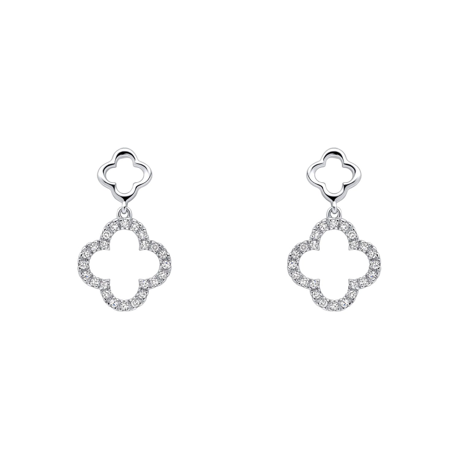 Diamond Clover Drop Earrings in White Gold on a white background
