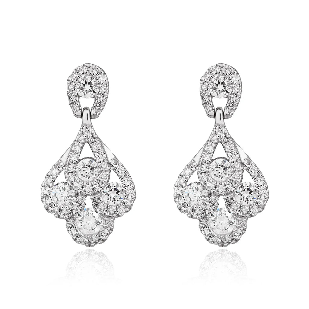 Diamond Peacock Drop Earrings in White Gold on White Background