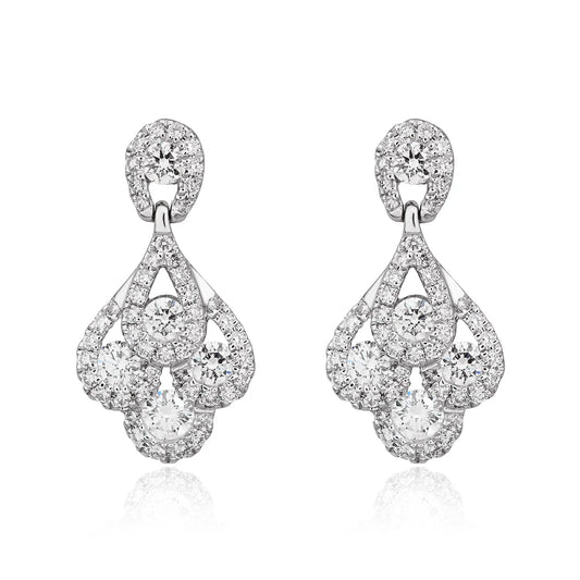 Diamond Peacock Drop Earrings in White Gold on White Background