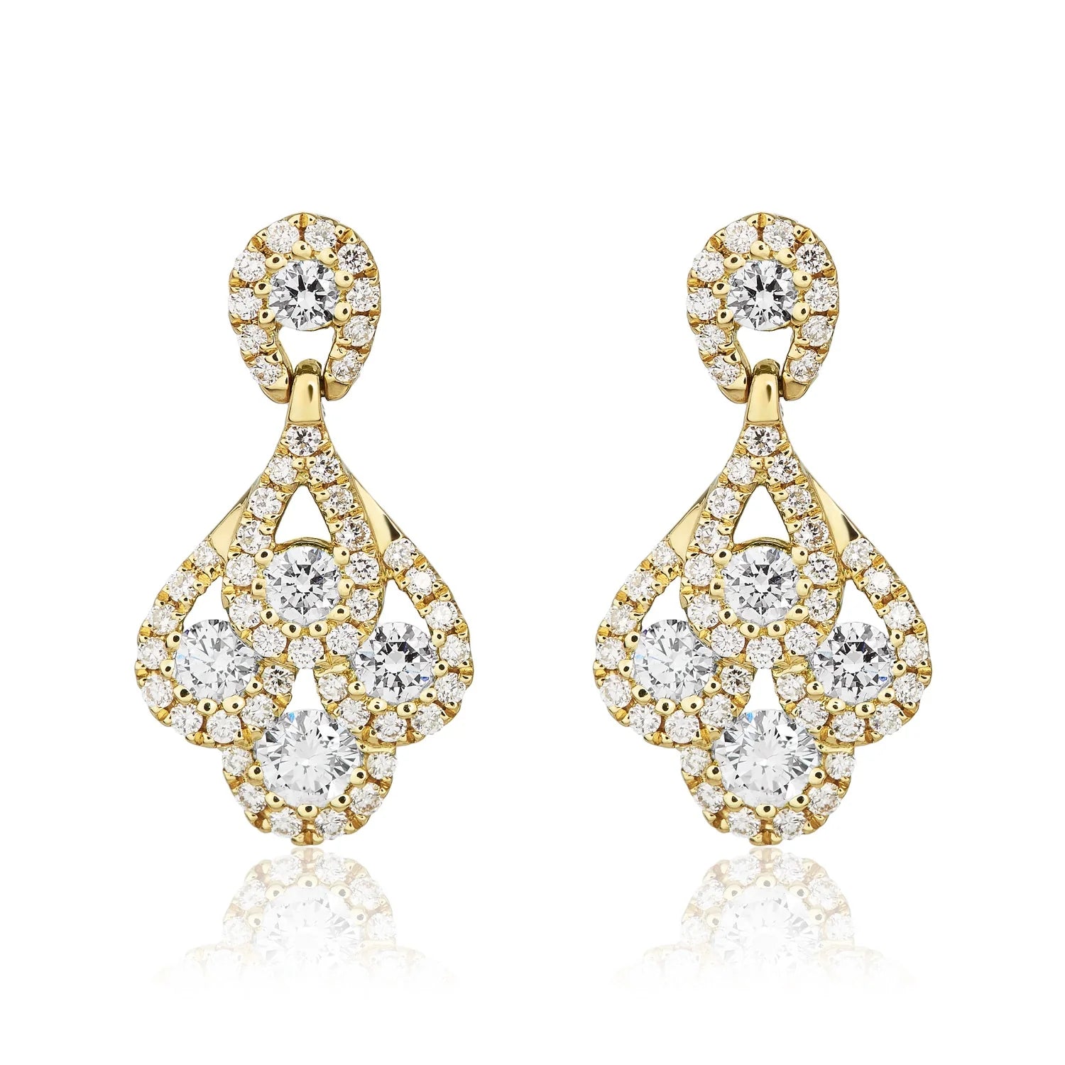 Diamond Peacock Drop Earrings in yellow gold on white background