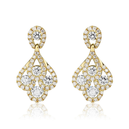 Diamond Peacock Drop Earrings in yellow gold on white background