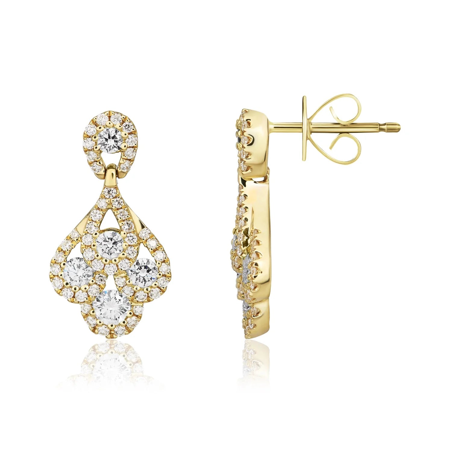 Diamond Peacock Drop Earrings in yellow gold - side view on white background