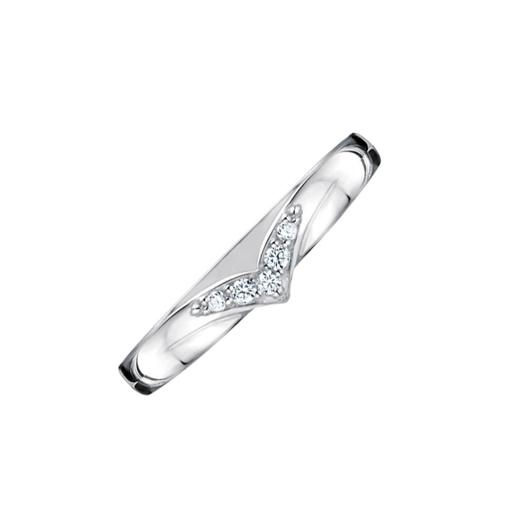 Diamond Set V Shaped Platinum Wedding ring on white background