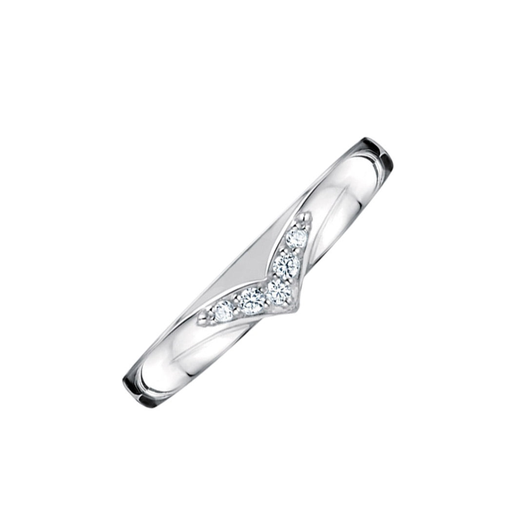 Diamond Set V Shaped Platinum Wedding ring on white background