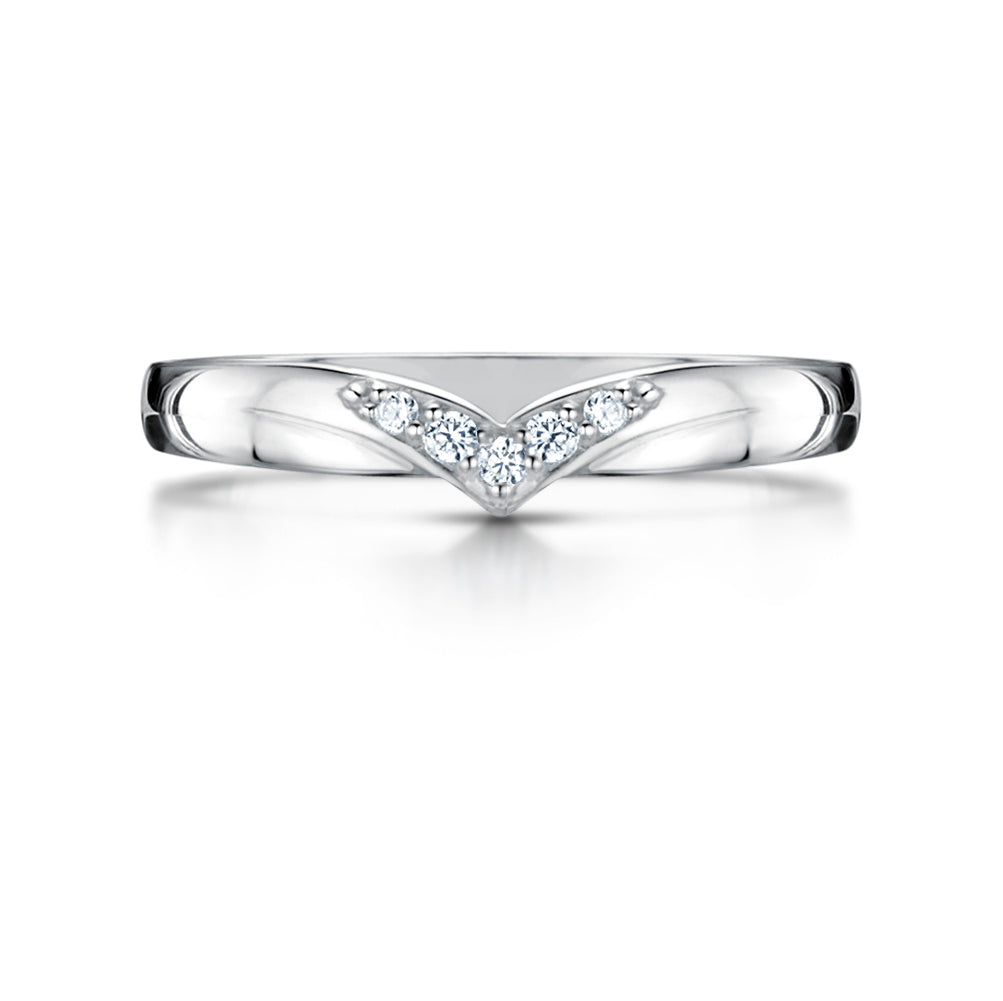 Diamond Set V Shaped Wedding ring in Platinum on white background 