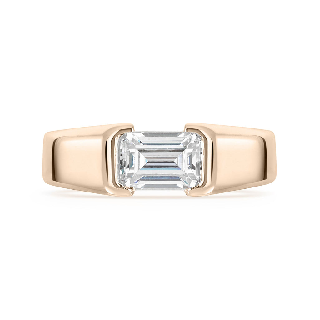 East West Chunky Emerald Cut Diamond Engagement Ring in Rose Gold - straight on a white background