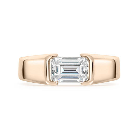 East West Chunky Emerald Cut Diamond Engagement Ring in Rose Gold - straight on a white background