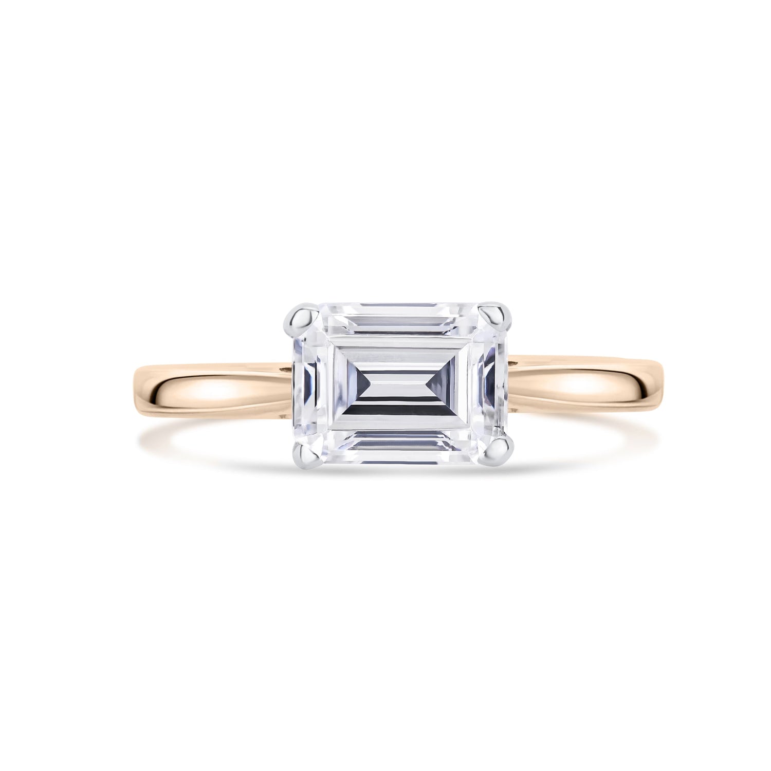 East West Emerald Cut Diamond Engagement Ring in Yellow Gold on white background   