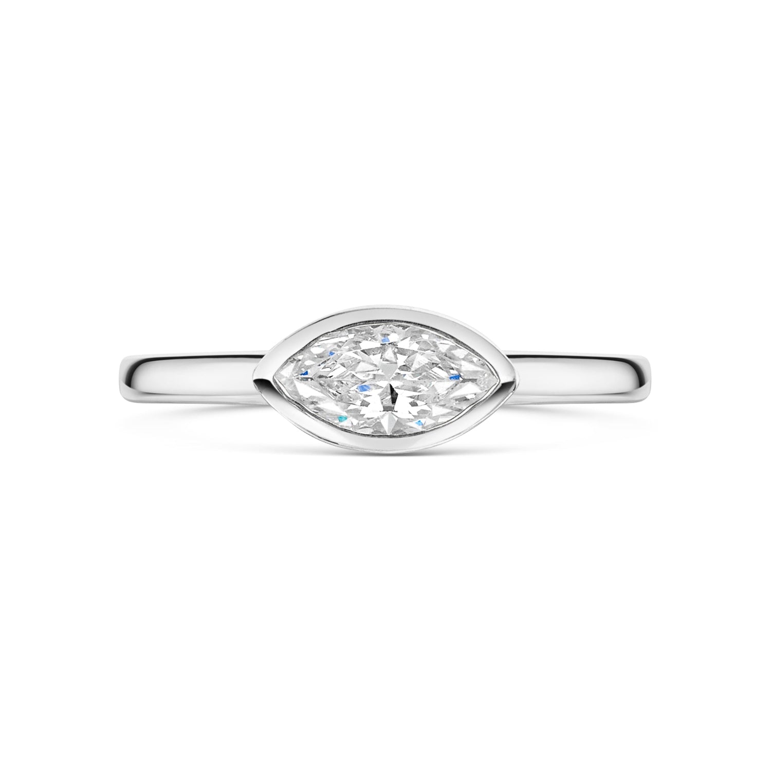 East West Marquise Bezel Set engagement ring in Platinum on a white background