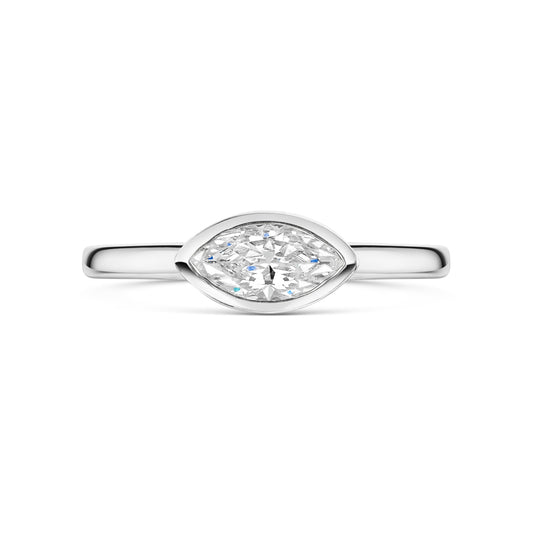 East West Marquise Bezel Set engagement ring in Platinum on a white background