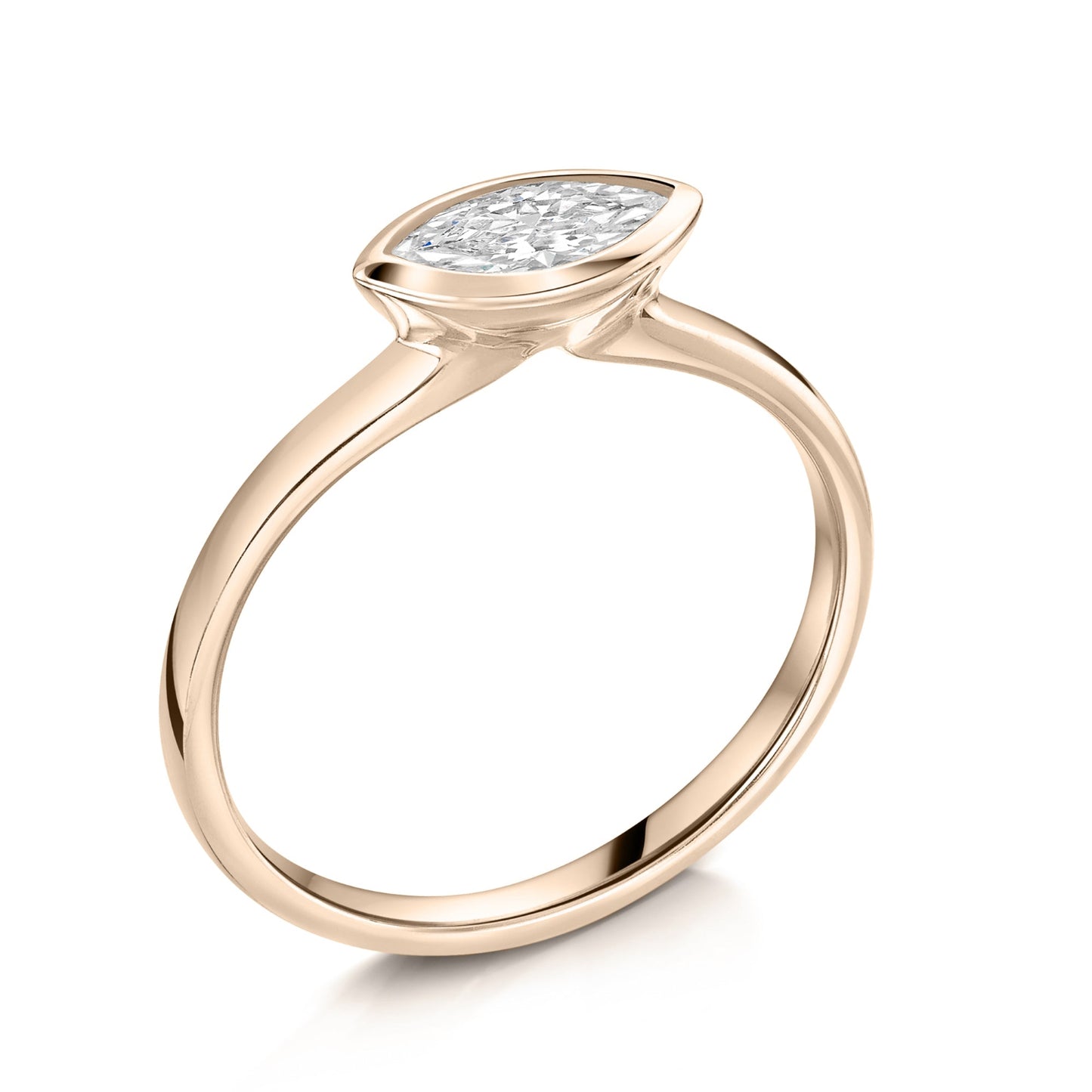 East West Marquise Bezel Set engagement ring in Rose gold - angled view on a white background