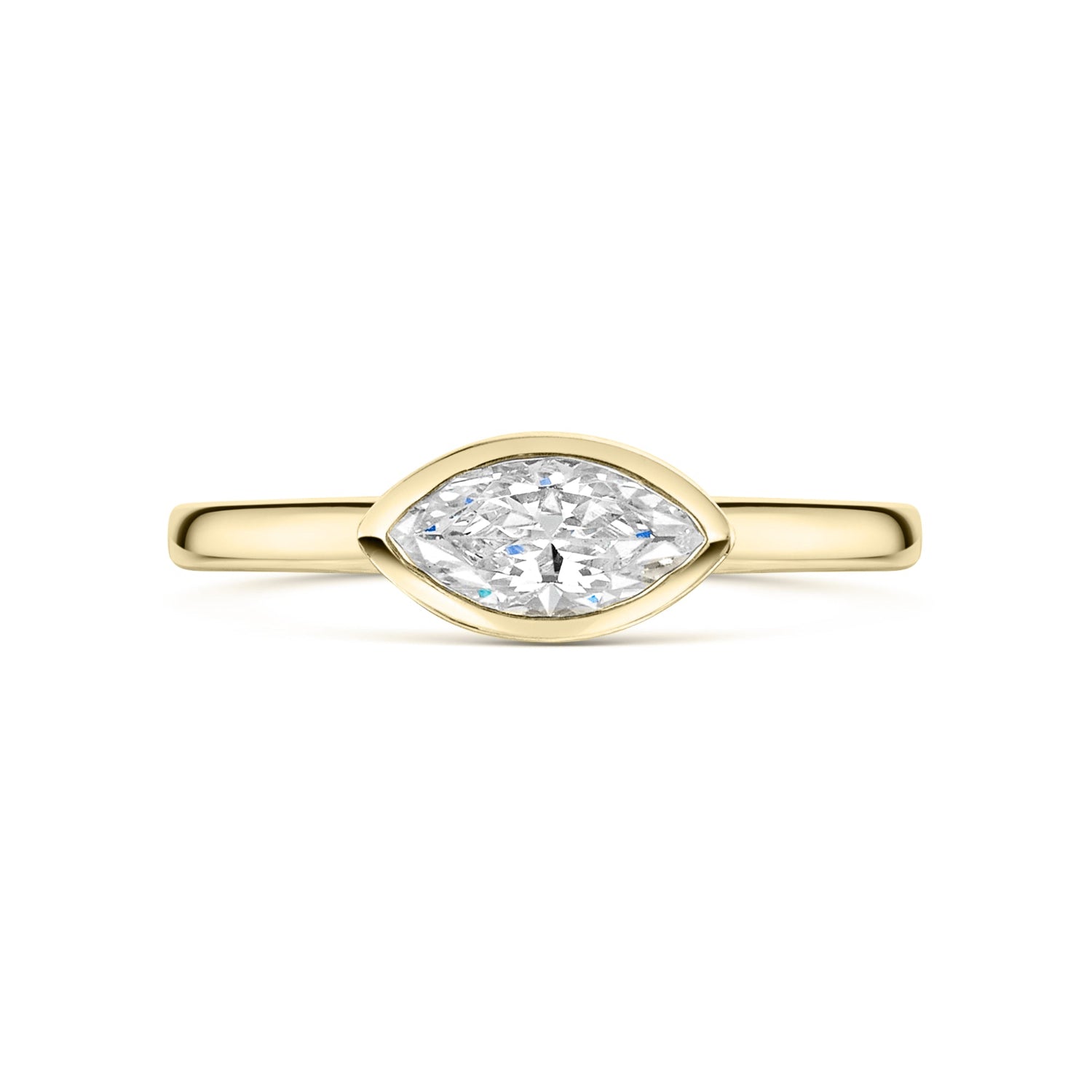 East West Marquise Bezel Set engagement ring in yellow gold on a white background 