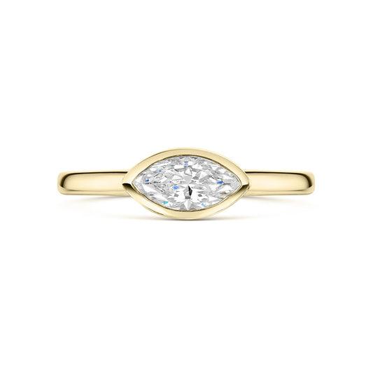 East West Marquise Bezel Set engagement ring in yellow gold on a white background 