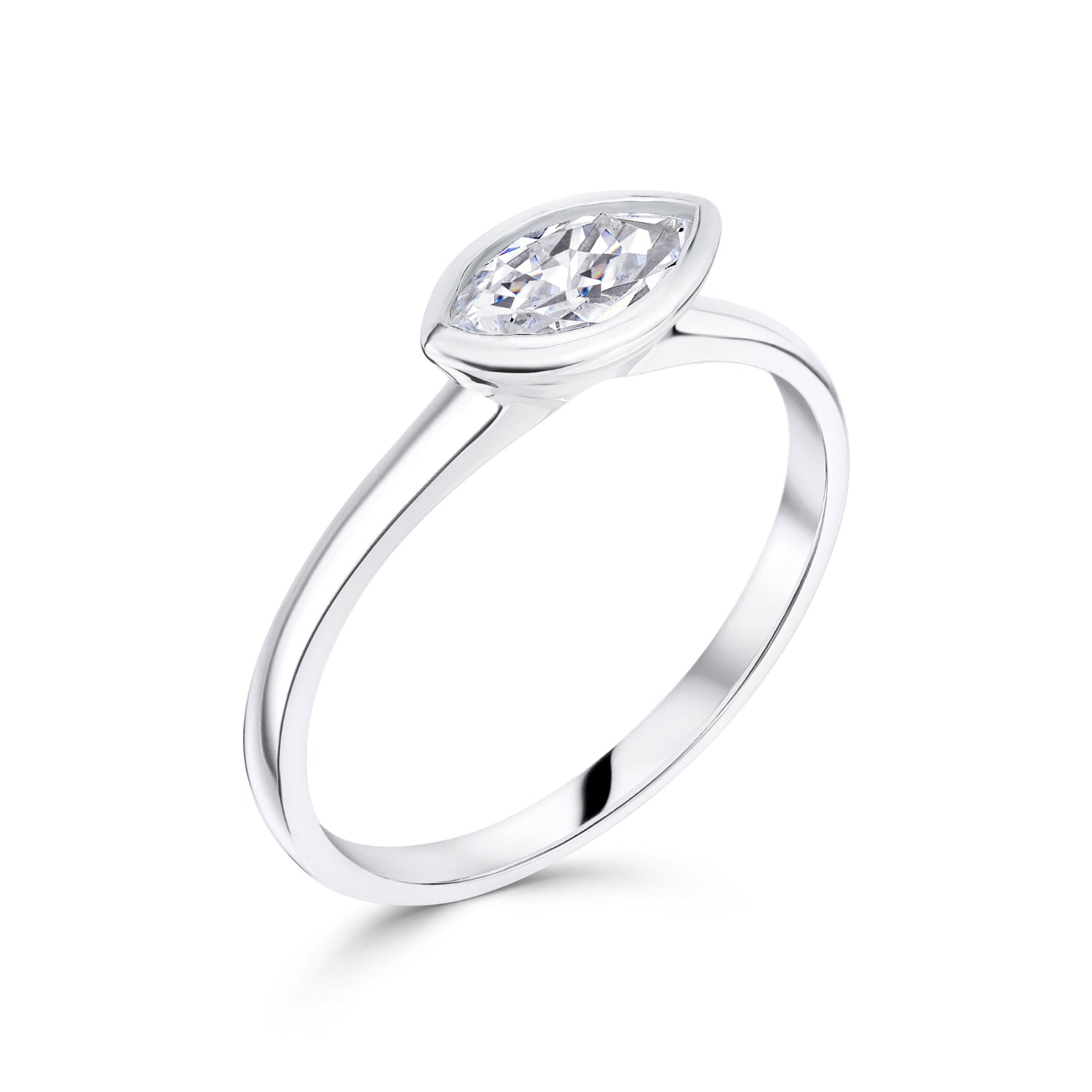 East West Marquise Diamond Bezel Solitaire Engagement Ring on white background