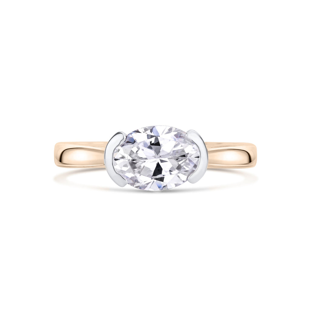 East West Oval Cut Diamond Engagement Ring in Rose Gold  on a white background