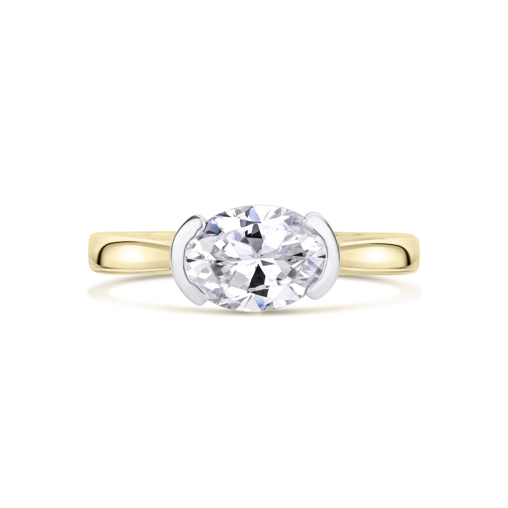 East West Oval Cut Diamond Engagement Ring in Yellow Gold On a white background 