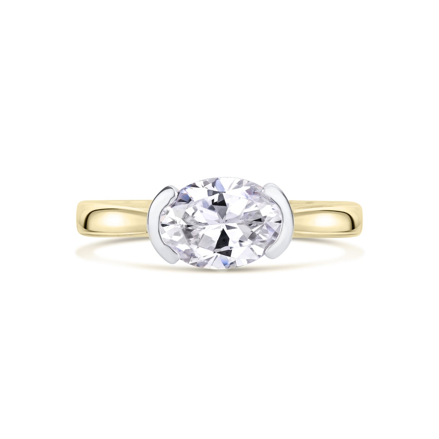 East West Oval Cut Diamond Engagement Ring in Yellow Gold On a white background 