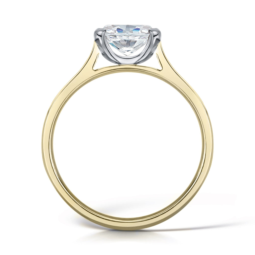 East West Oval Cut Diamond Engagement Ring Side angle in Yellow Gold  on a white background 