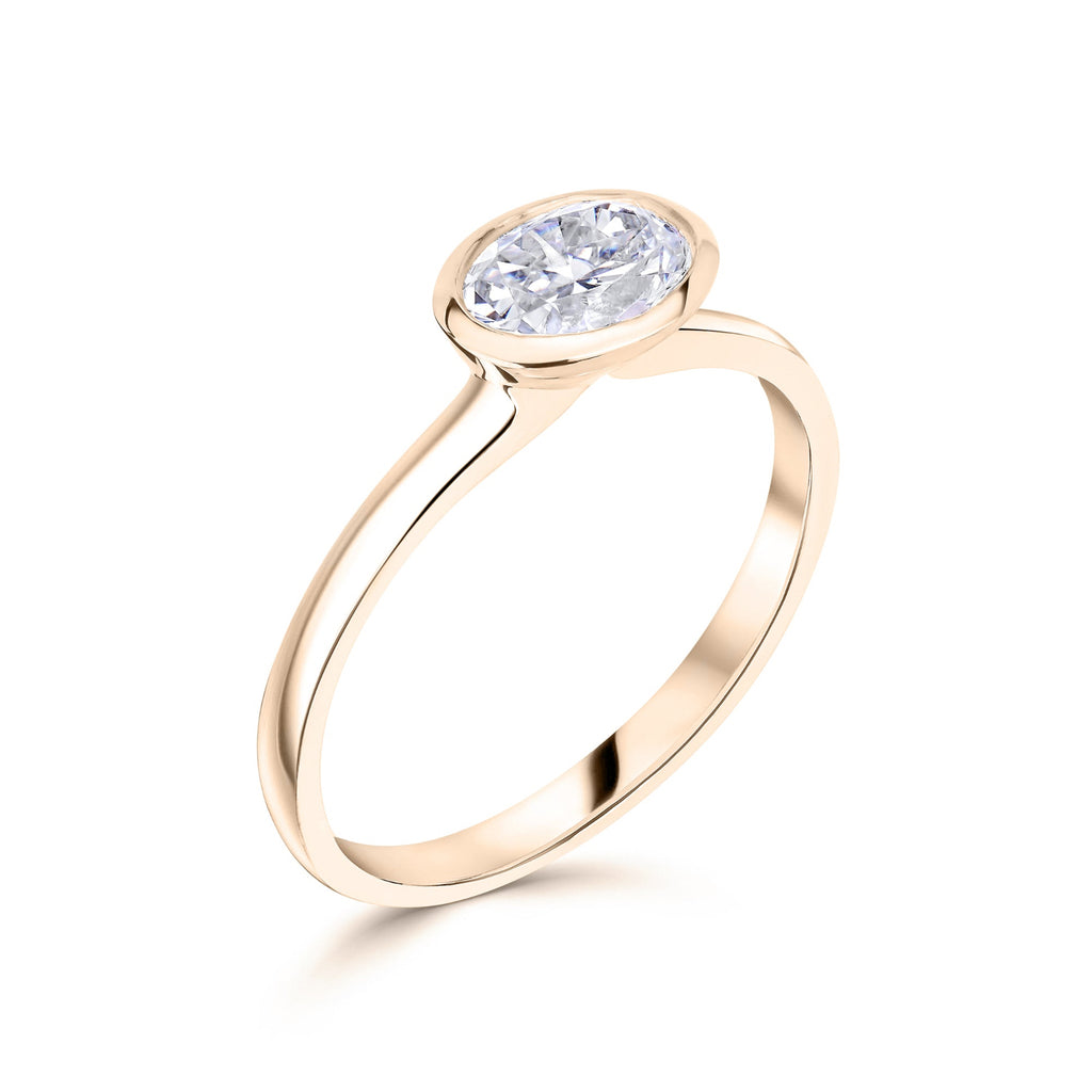  East West Oval Diamond Solitaire Engagement Ring in Rose Gold on a white background 