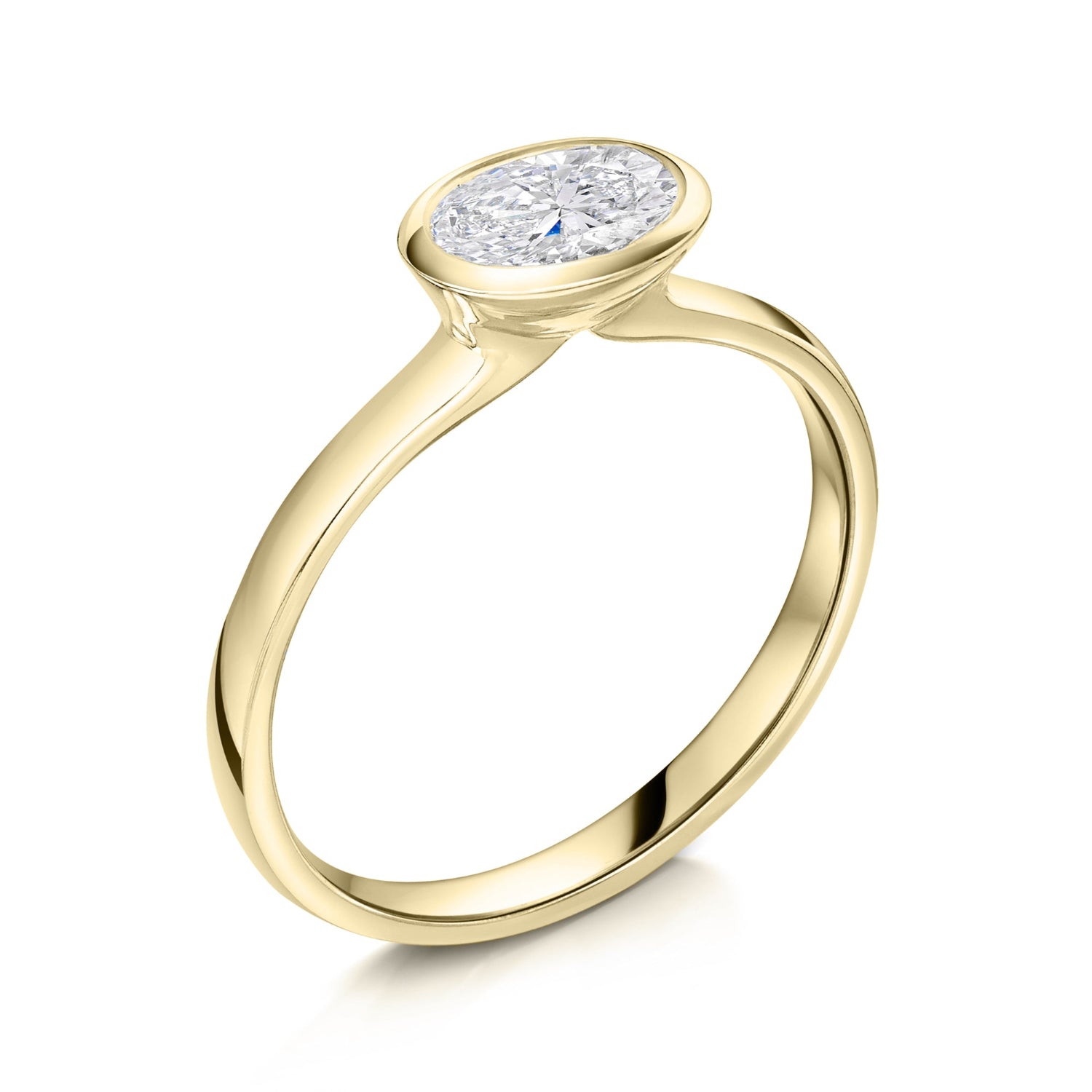 East West bezel set oval diamond solitaire in  Yellow Gold - angled on a white background 