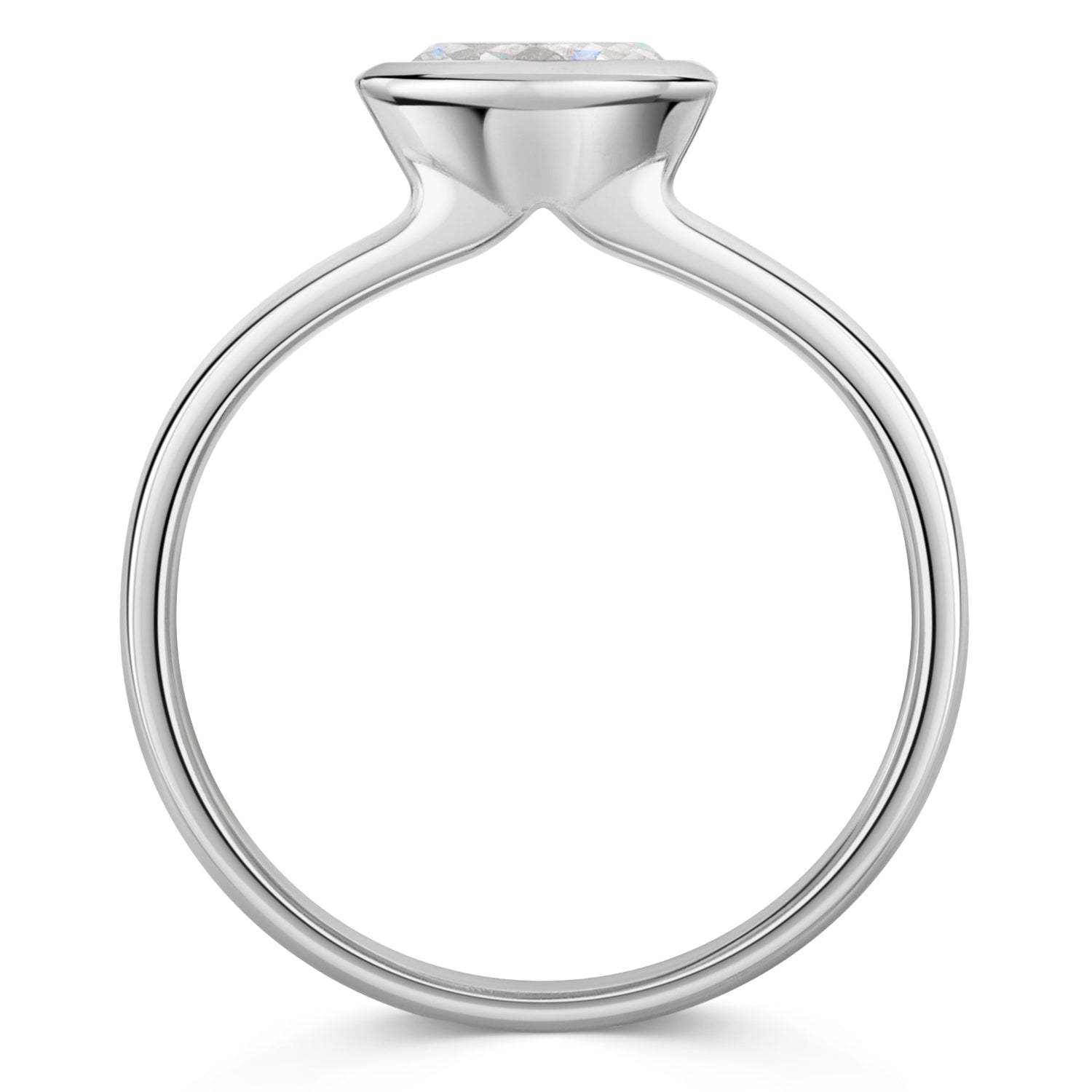 East West bezel set oval diamond solitaire in platinum - side view on a white background