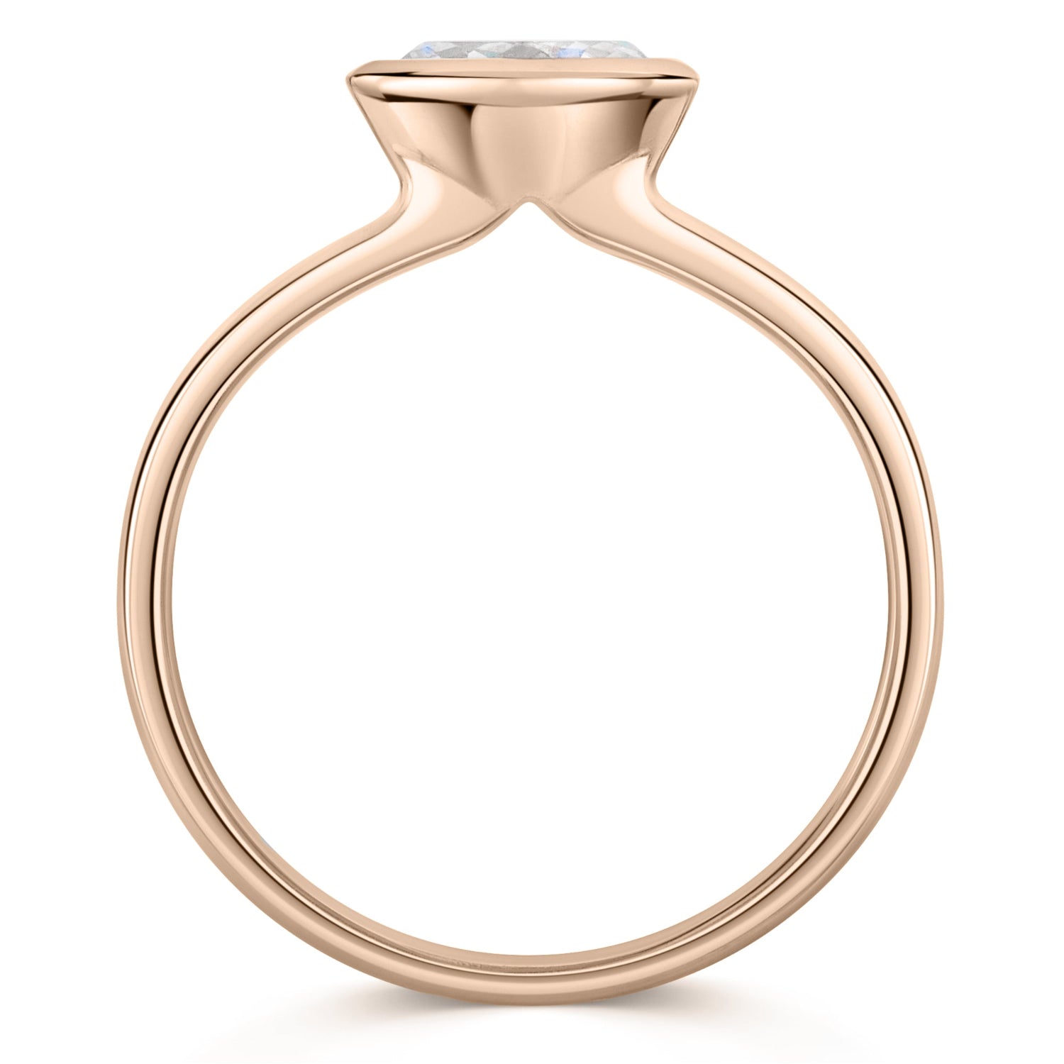 East West bezel set oval diamond solitaire in rose gold - Side view on a white background