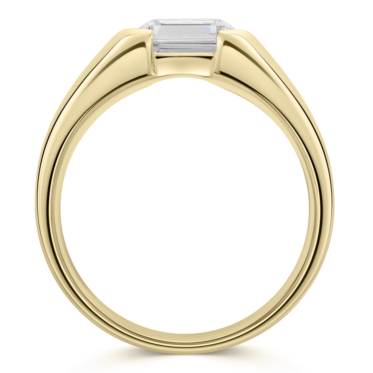 Emerald Cut East West Chunky Engagement Ring in yellow Gold - Side view on a white background
