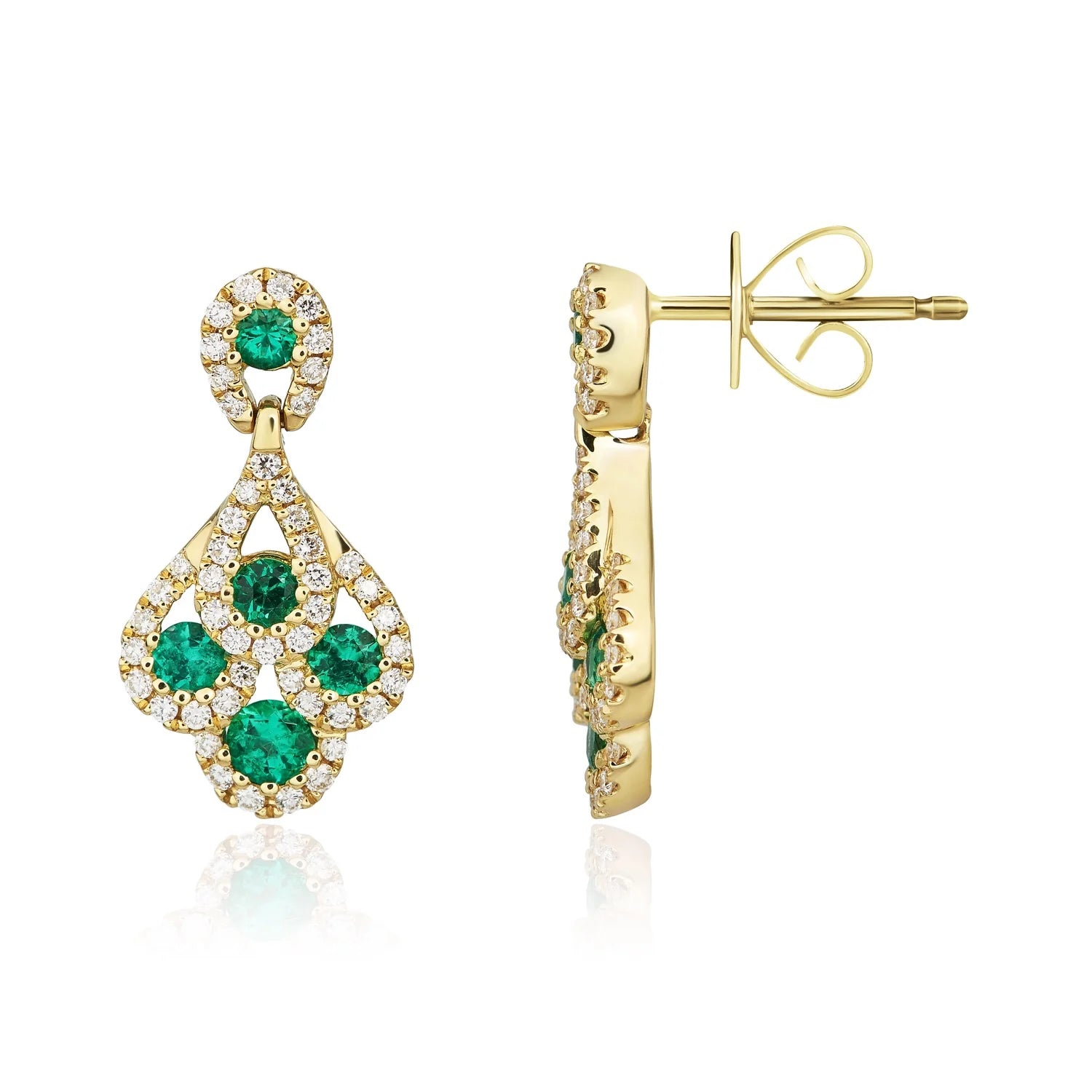 Emerald & Diamond Drop Peacock Earrings In Yellow Gold