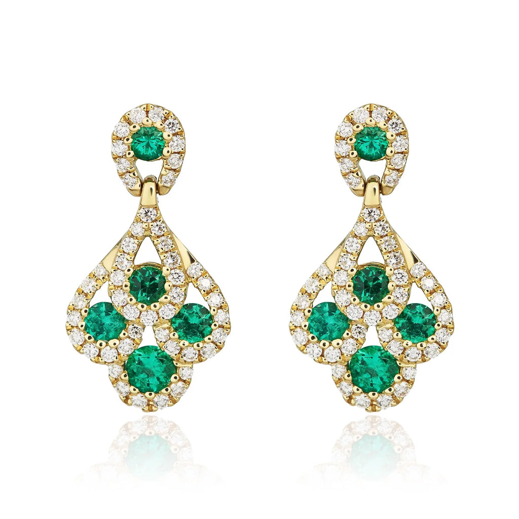 Emerald & Diamond Drop Peacock Earrings In Yellow Gold