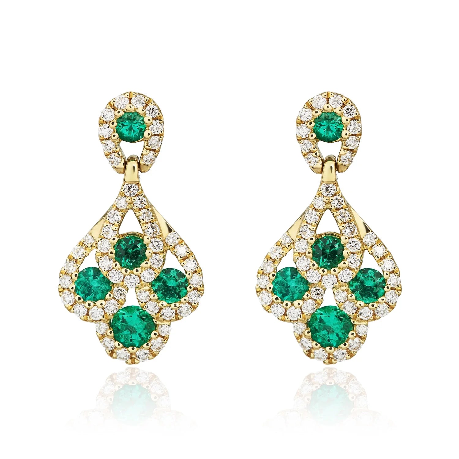 Emerald & Diamond Drop Peacock Earrings In Yellow Gold