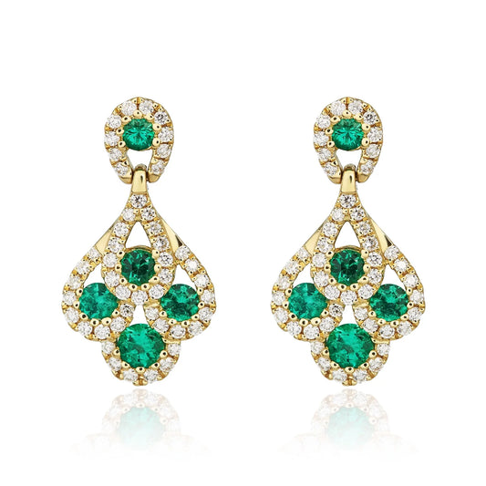 Emerald & Diamond Drop Peacock Earrings In Yellow Gold