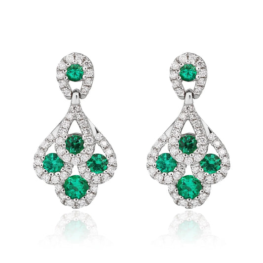 Emerald & Diamond Peacock Drop Earrings in white gold on white background