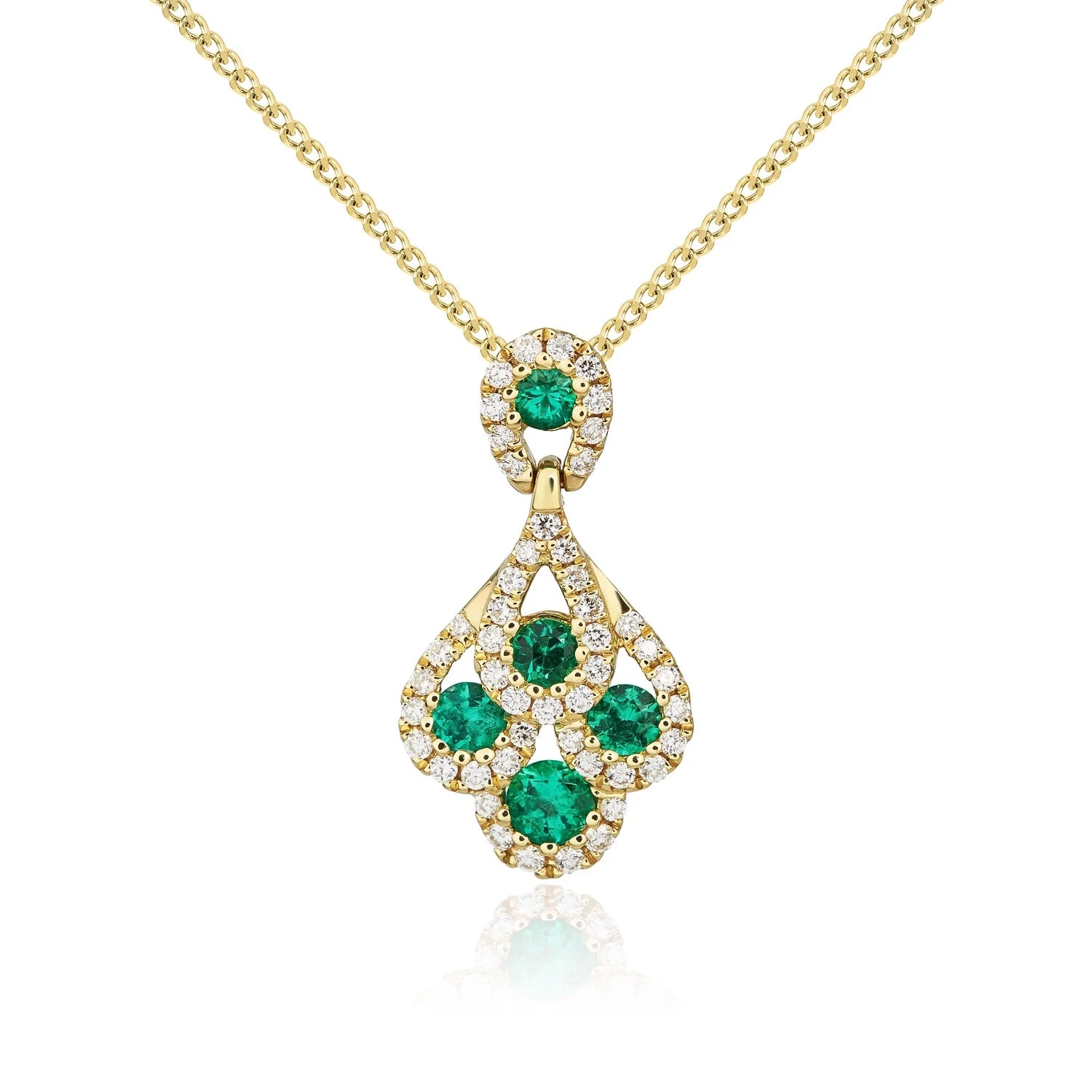 Emerald & Diamond Peacock Pendant in Gold on chain on a white background 